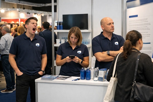 Commerciaux sur le stand au salon pro, un qui baille l'autre sur son téléphone le troisième qui attend. Comment rentabiliser son salon pro avec MOOVENCE